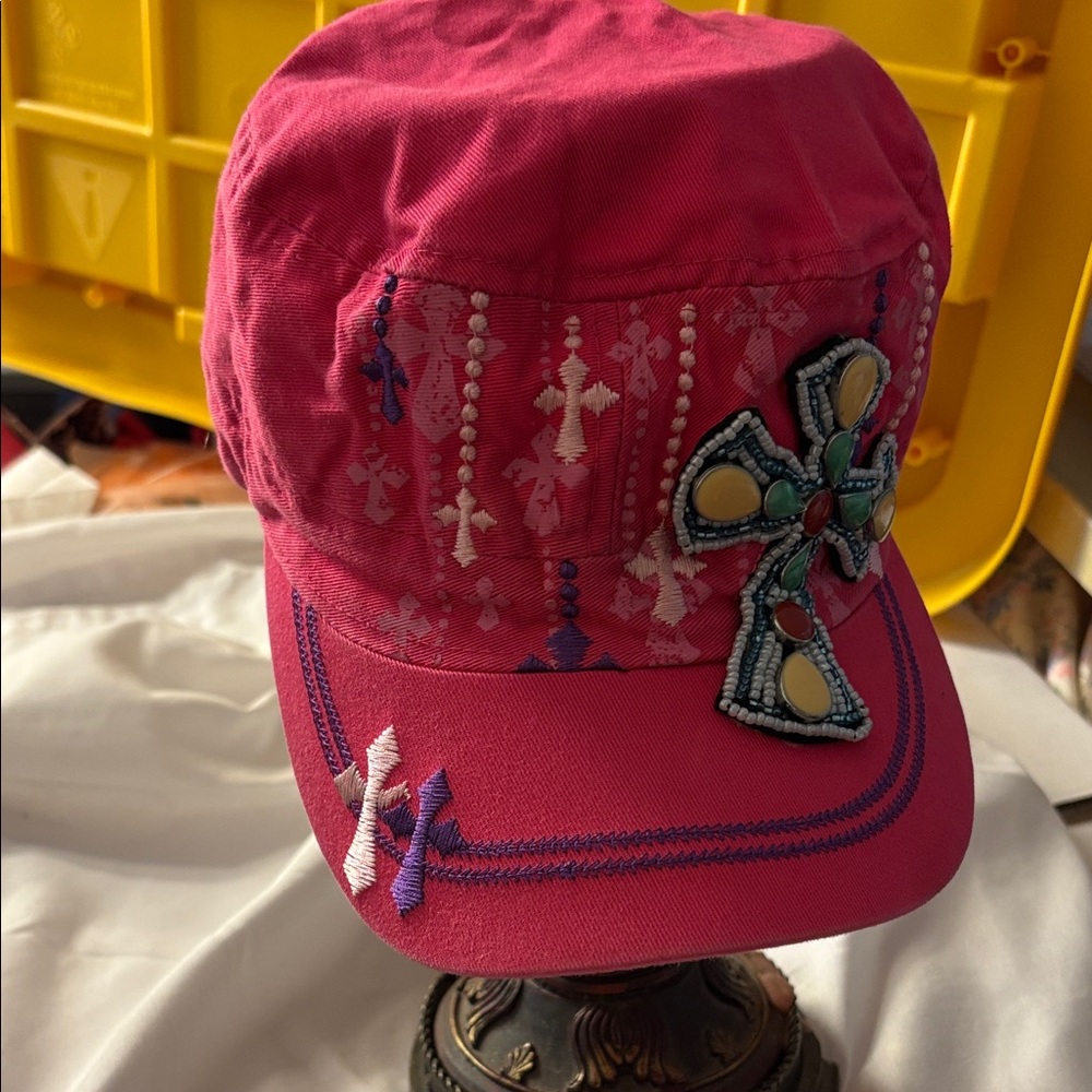 FINAL MARKDOWN Pink Cap with Embellished Cross Design